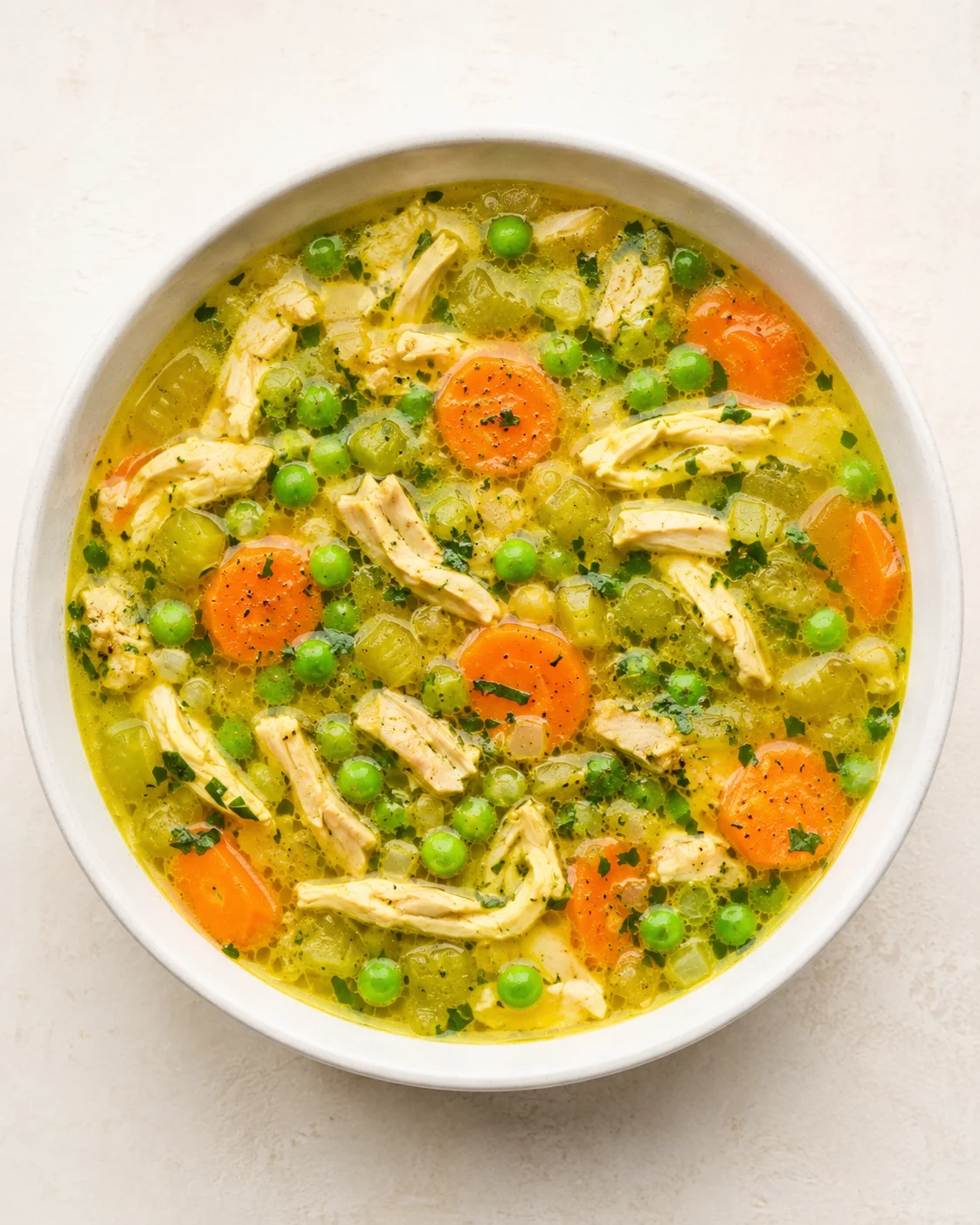 Top-down view of a white bowl of chicken vegetable soup with carrots, peas, and shredded chicken
