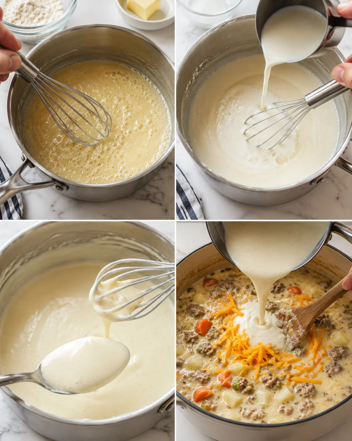 collage showing steps to make creamy beef and potato soup: roux, milk, thickened sauce, and final chunky soup