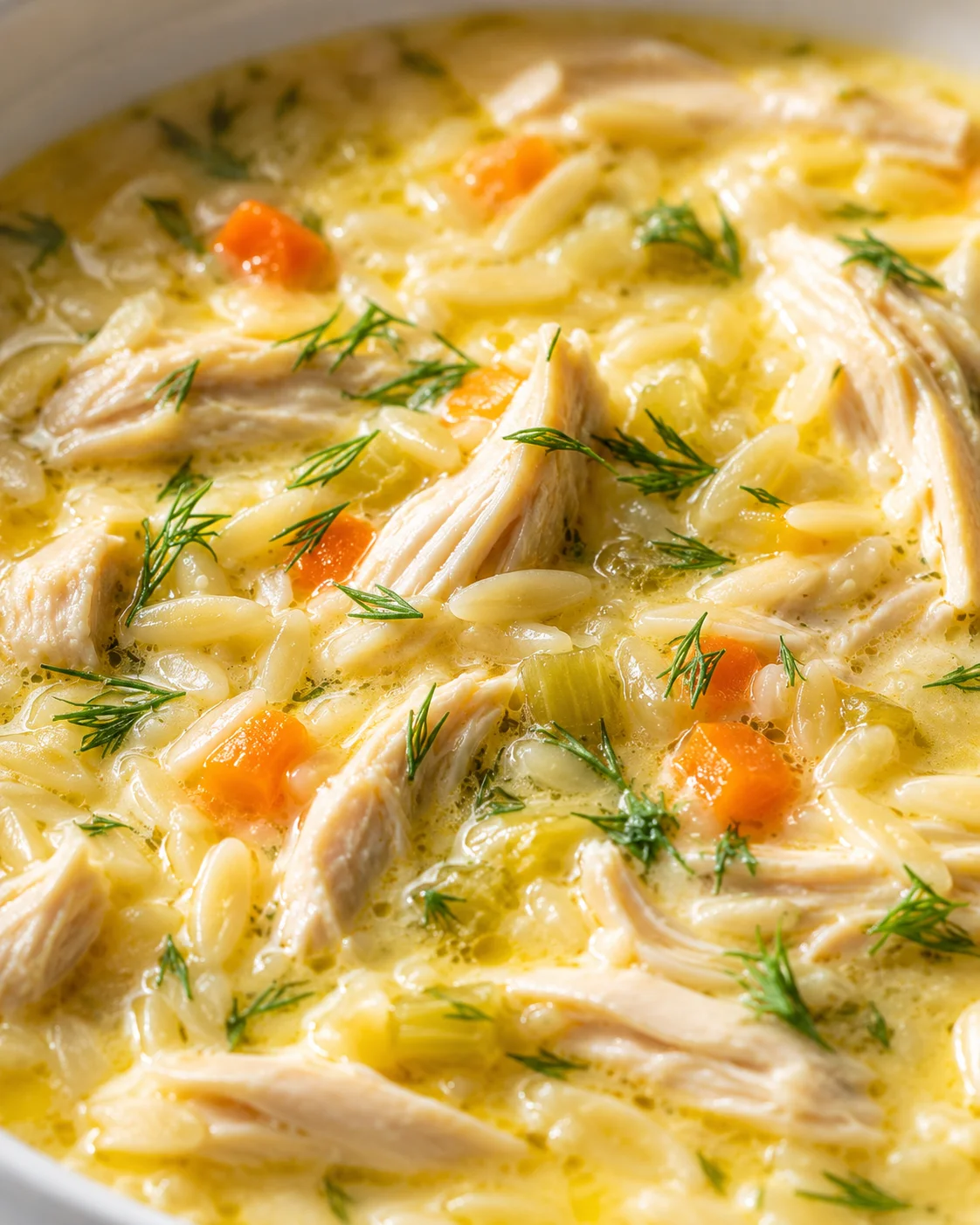 creamy chicken soup with carrots, onions, dill, and pasta in a pot