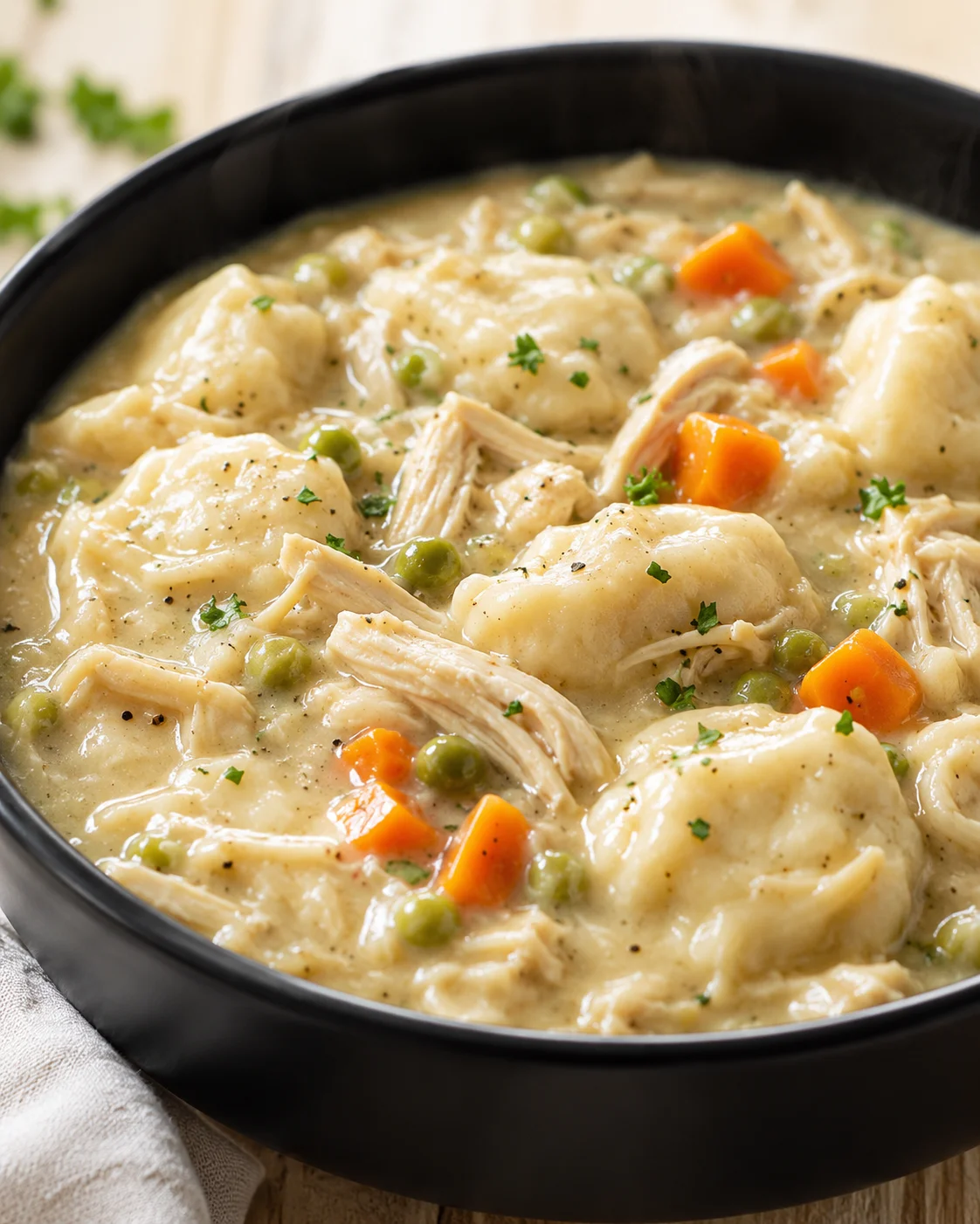 Creamy chicken and dumplings with peas and carrots in a black skillet.