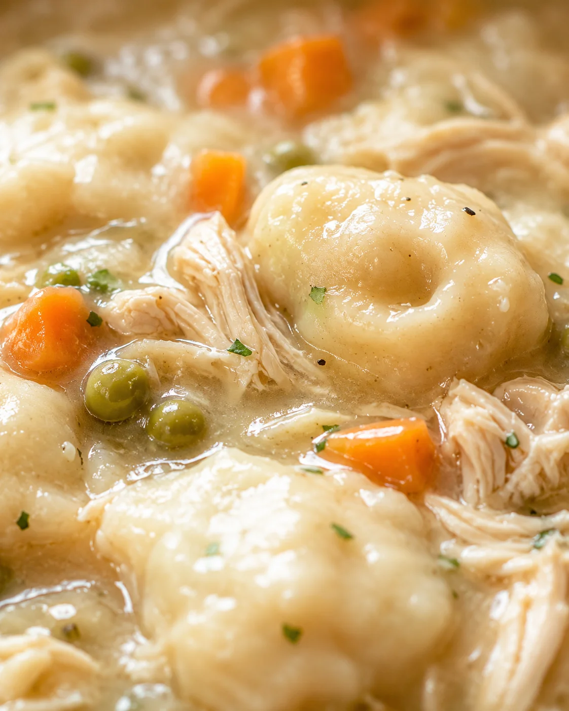 close-up of creamy chicken and dumplings with carrots, peas, and herbs.