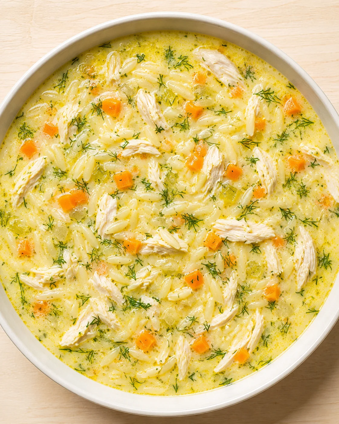 bowl of creamy chicken and orzo soup with carrots and dill