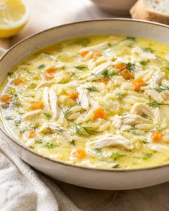 Creamy chicken and orzo soup with carrots and dill in a beige bowl.
