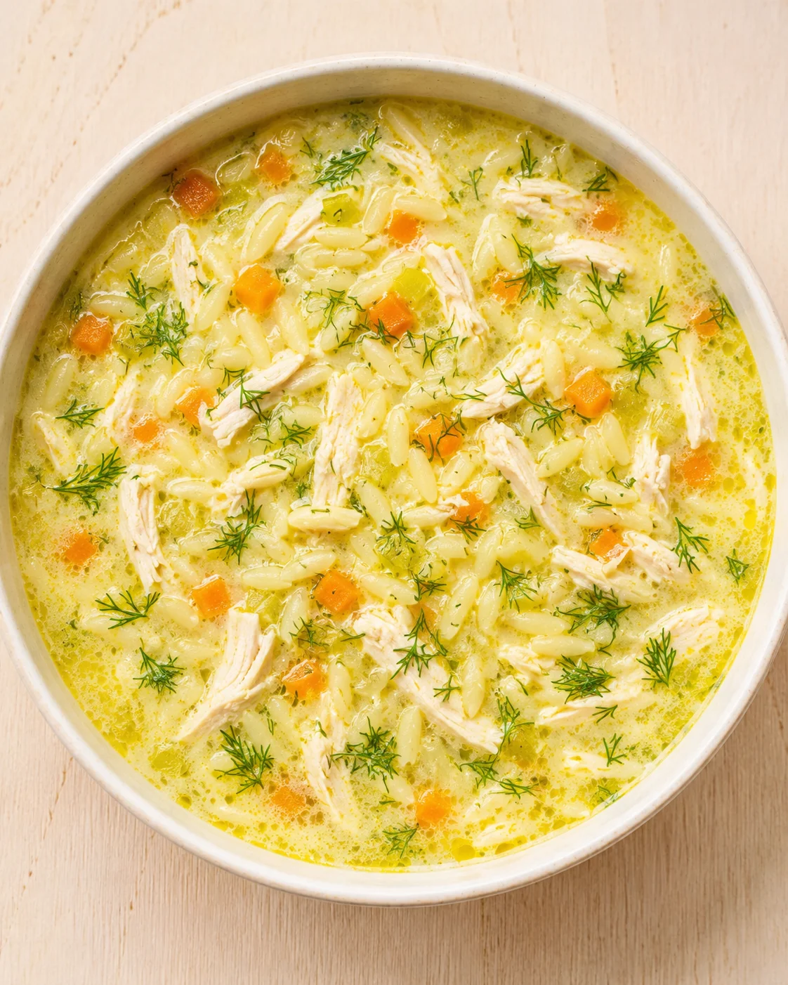 Top-down view of a bowl of creamy chicken and orzo soup garnished with dill.