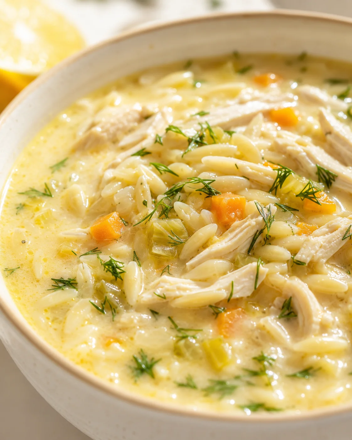 Creamy chicken soup with small pasta, carrots, celery, and dill in a bowl