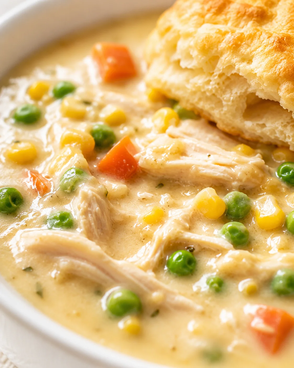Creamy chicken stew with peas, corn, and carrots in a bowl with a flaky biscuit crust.