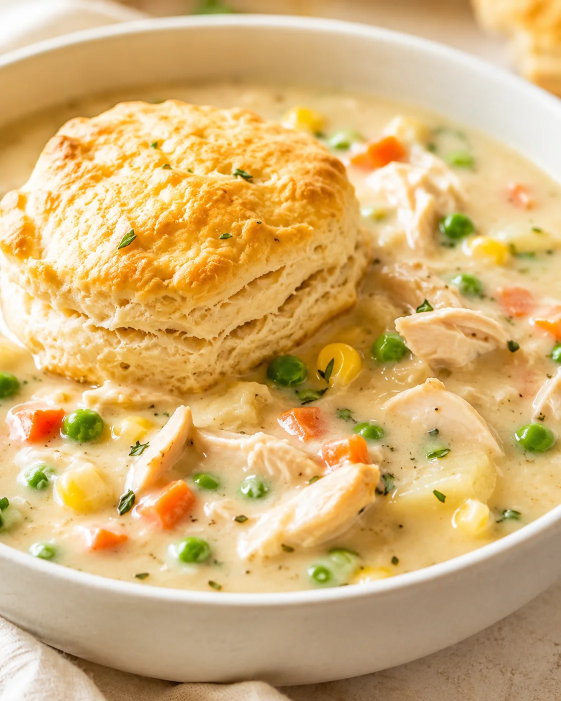 Creamy chicken and vegetable stew with peas, corn, carrots, and a flaky biscuit on top.