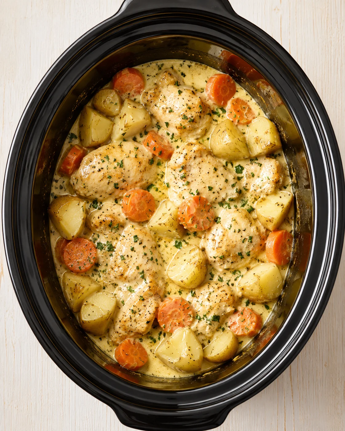 oval black slow cooker filled with creamy chicken, potatoes, and carrots stew garnished with chopped parsley