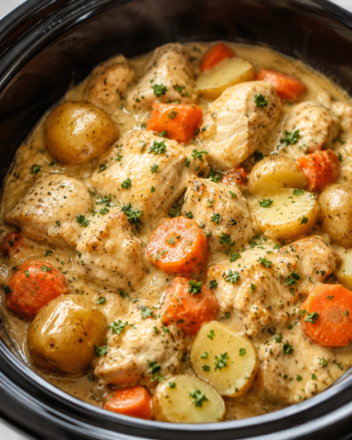 Creamy chicken stew with potatoes and carrots, garnished with parsley in a dark pot.
