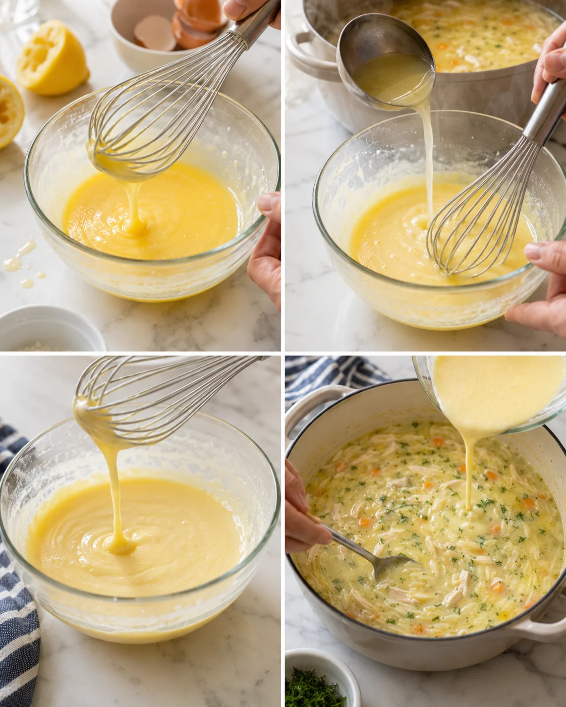 Four-panel collage showing whisking a yellow batter, pouring liquid, and a pot of creamy chicken-vegetable soup with carrots and herbs.