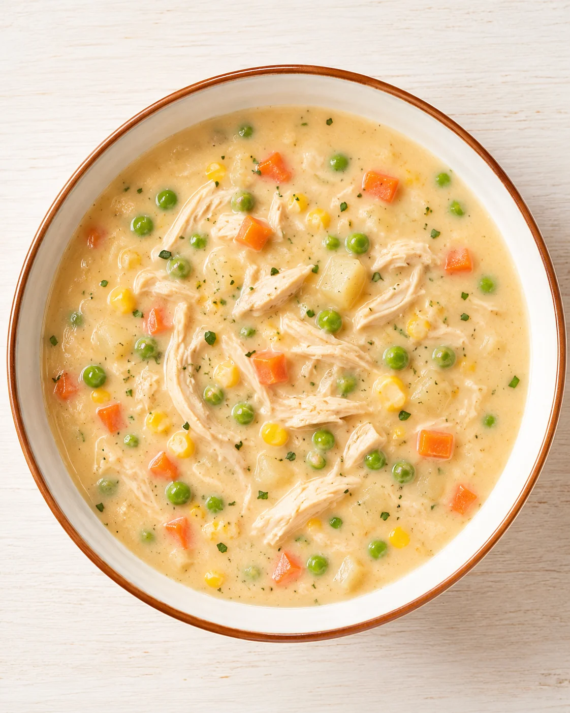 Creamy chicken soup with peas, carrots, corn, and shredded chicken in a white bowl.