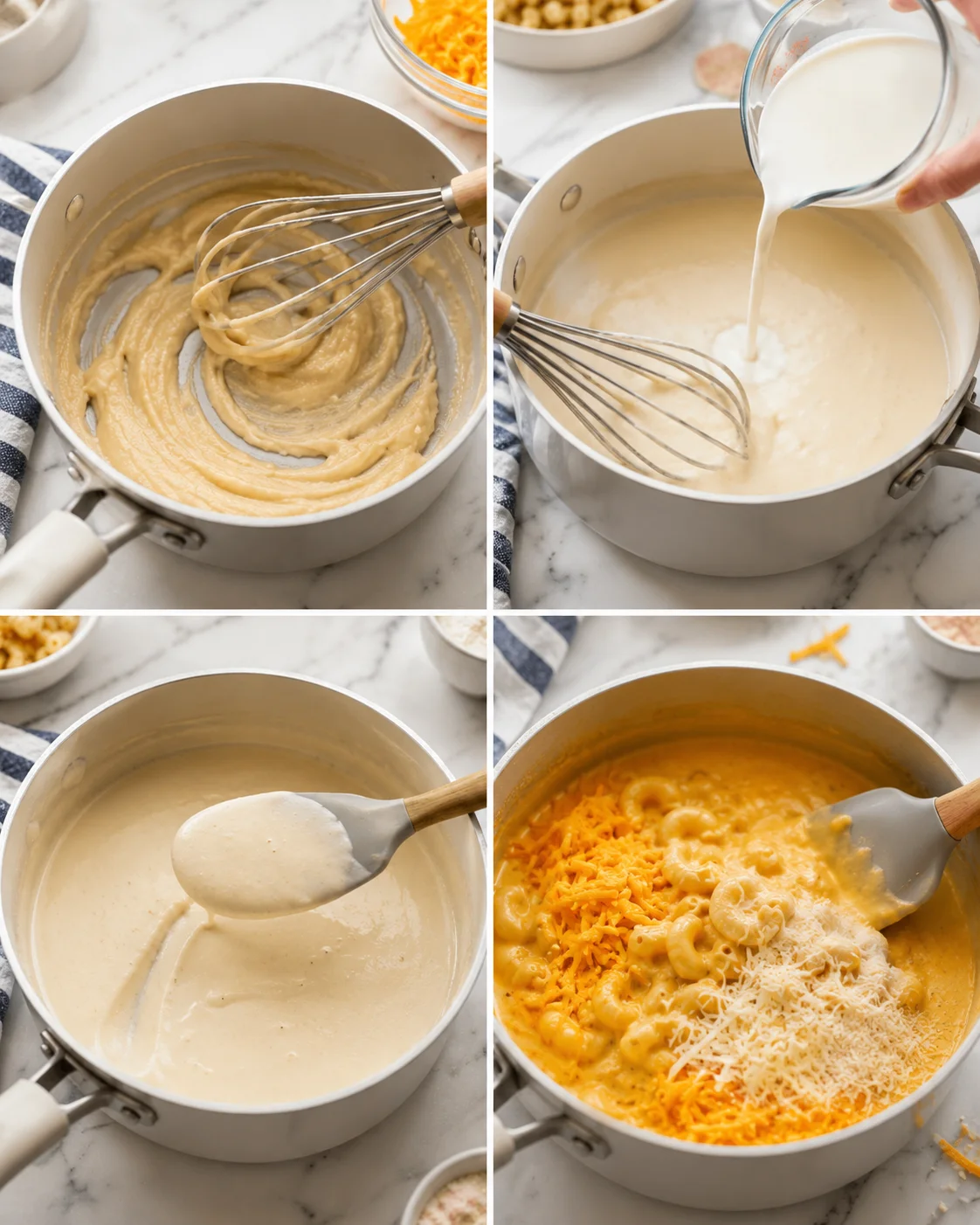 four-panel collage showing creamy cheese sauce being whisked and mixed with pasta.