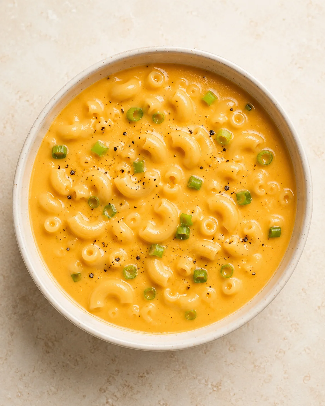 top-down view of a white bowl filled with creamy macaroni and cheese, garnished with green onions