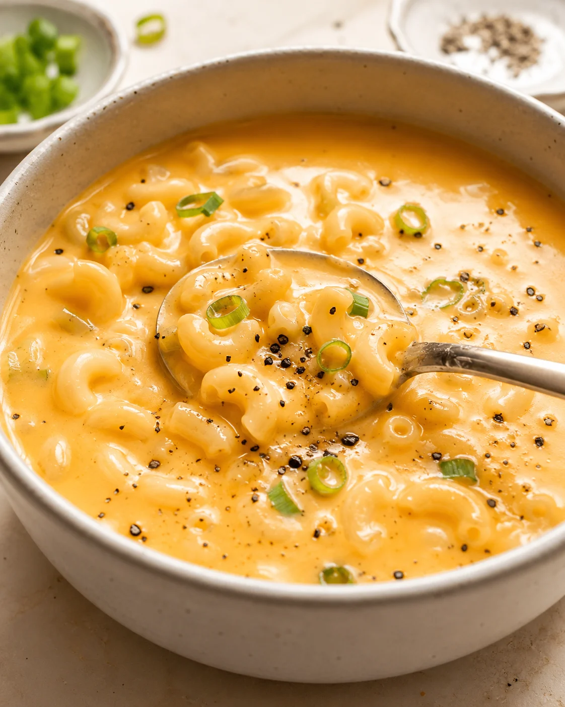 Creamy macaroni and cheese in a ceramic bowl, topped with black pepper and scallions.
