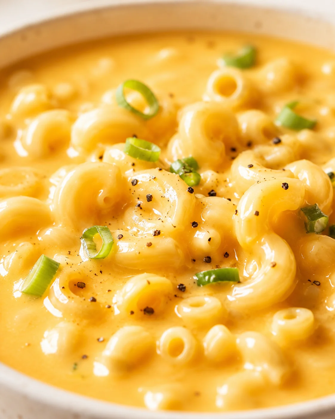 Creamy macaroni in orange cheese sauce with green onion garnish in a light bowl.