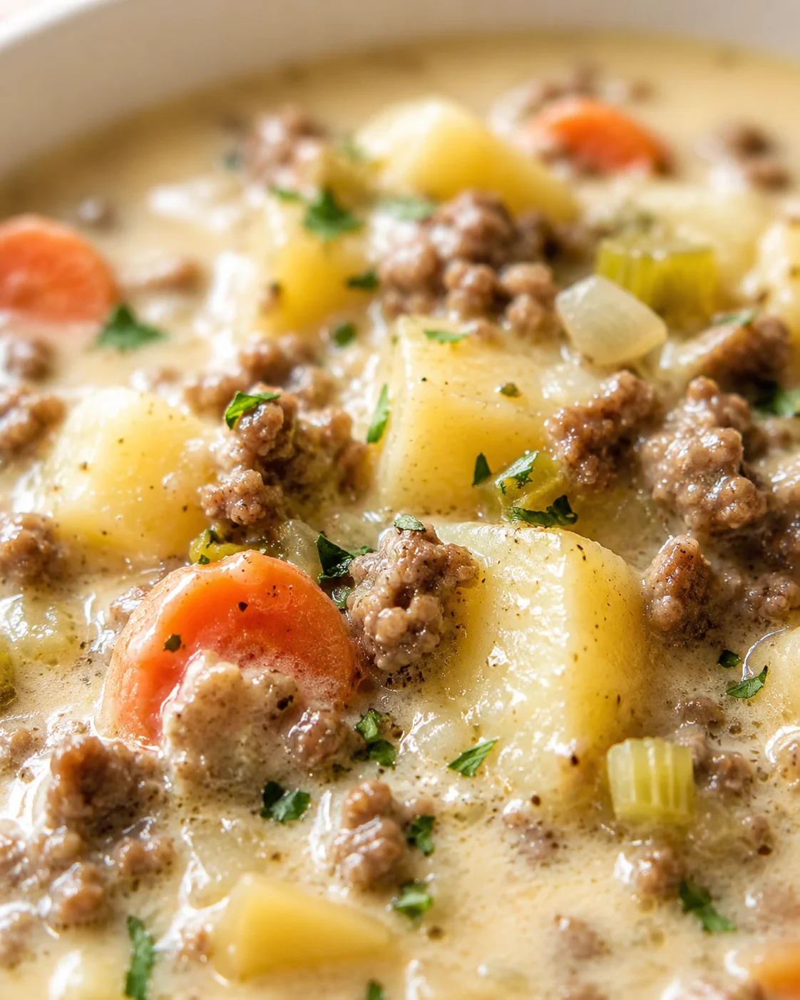 close-up of creamy potato soup with ground beef, carrots, and celery