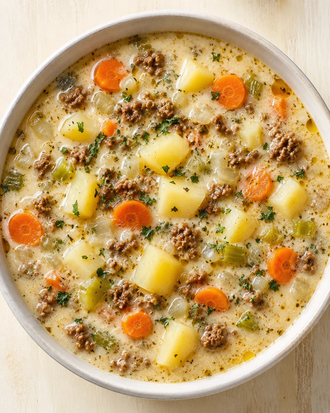 Creamy potato soup with carrots, potatoes, onions, celery, and ground beef in a light pot.