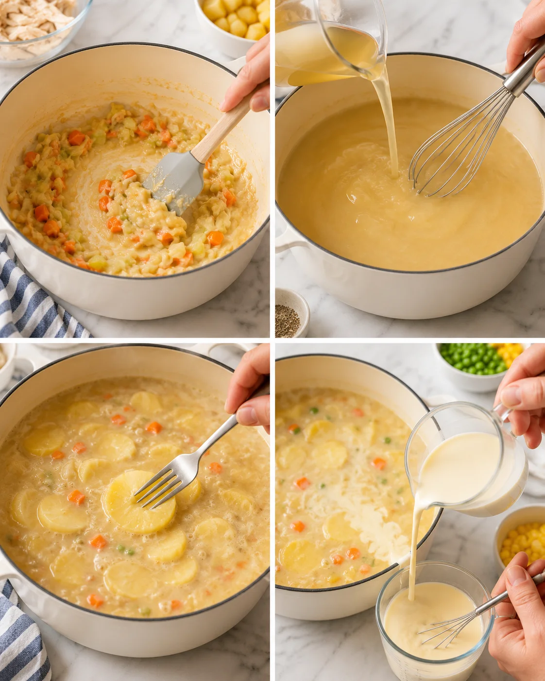 four-panel collage showing step-by-step making creamy potato soup with carrots