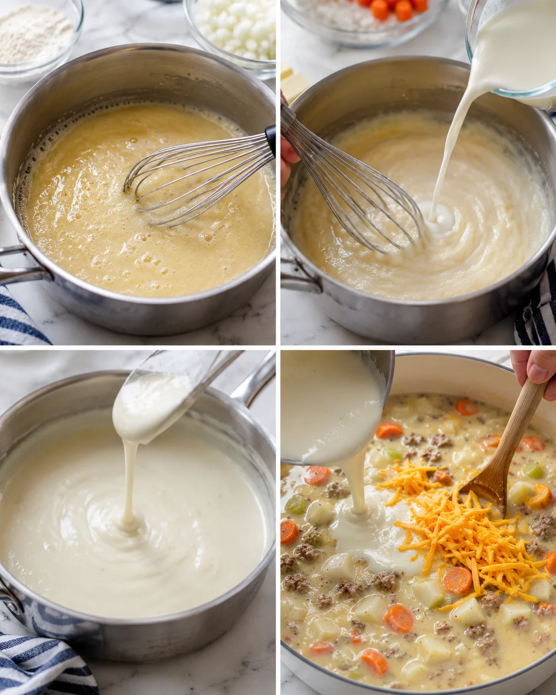 Four-panel collage of sauce-making: whisking, adding milk, pouring, and a creamy veggie-cheese pot.