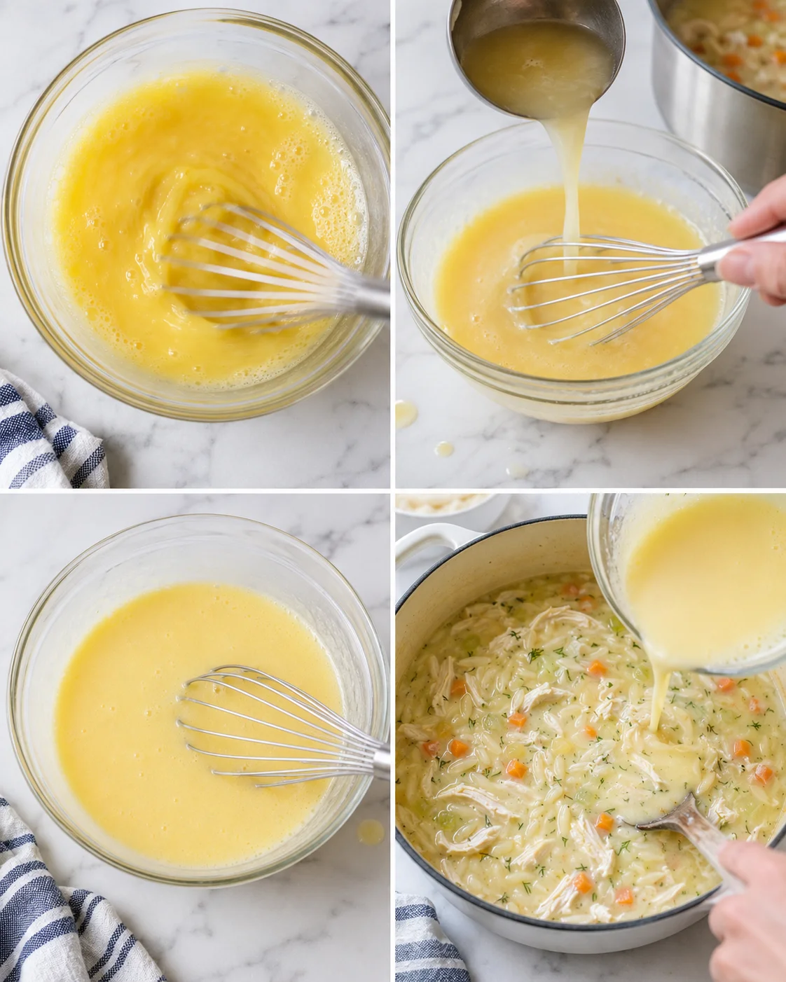 Four-panel collage showing whisking yellow batter, pouring sauce, and adding creamy sauce to pasta with vegetables.