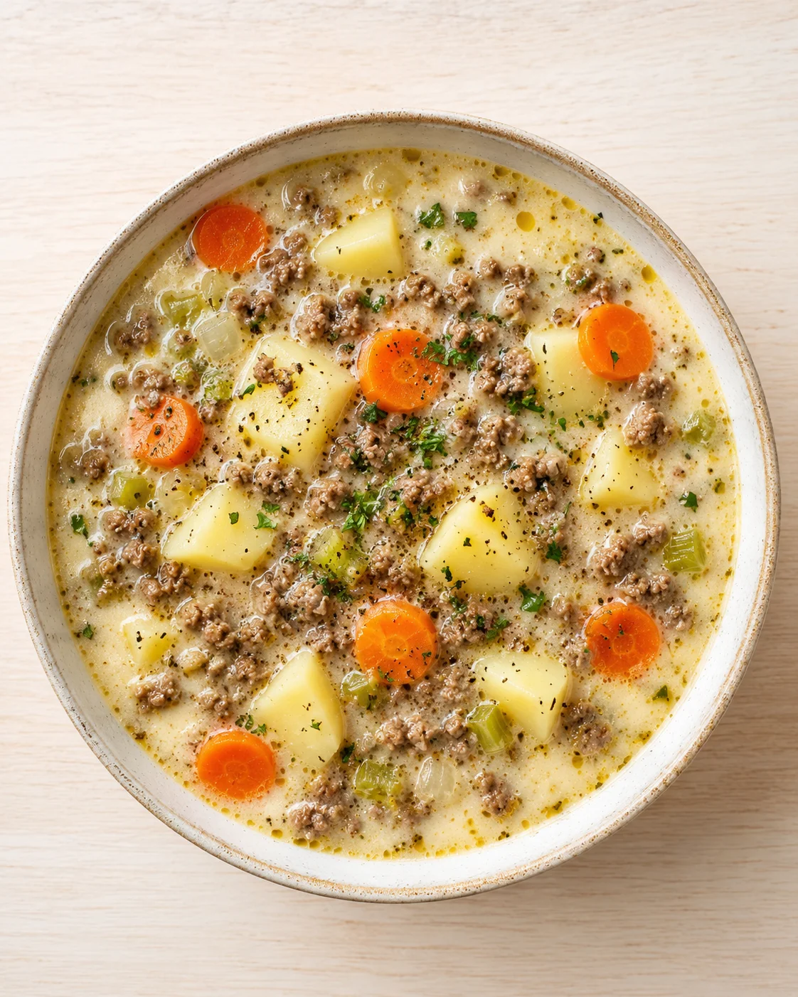 Creamy sausage potato soup with carrots and celery in a ceramic bowl.