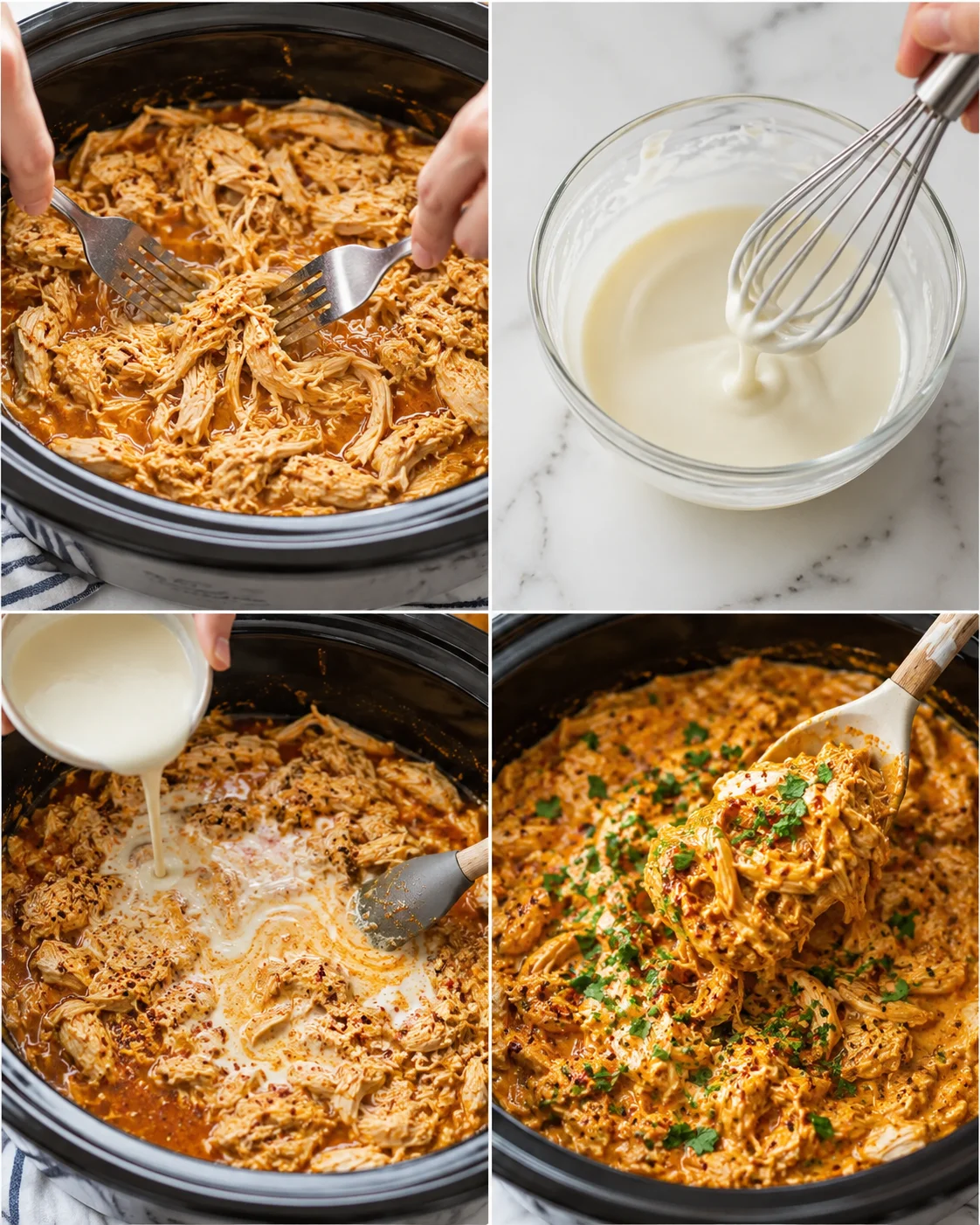four-panel collage showing shredded chicken in sauce, whisked cream, pouring cream, and garnished creamy chicken.