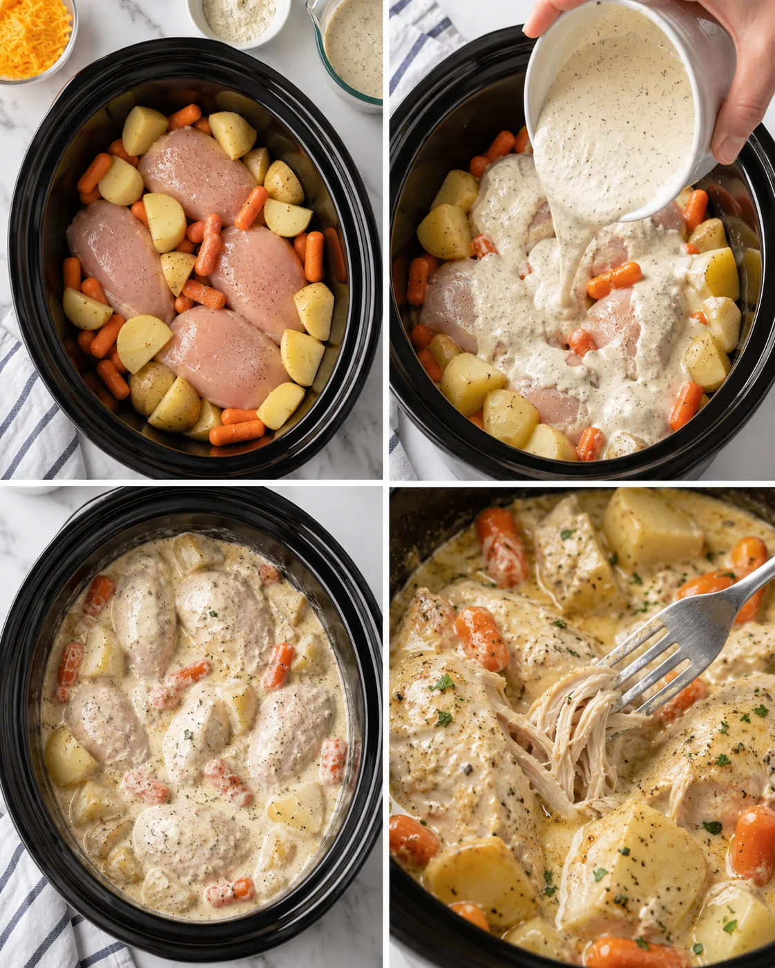 Collage showing slow cooker with chicken, potatoes, and carrots at different stages, plus pouring sauce and shredded chicken.