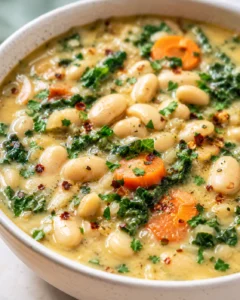 Close-up of a creamy white bean soup with carrot slices, kale, and herbs in a light sauce.