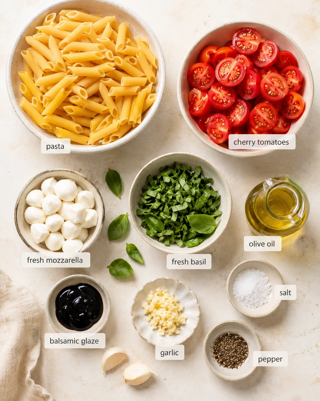top-down view of pasta and fresh ingredients arranged in bowls: penne, cherry tomatoes, mozzarella, basil, olive oil.