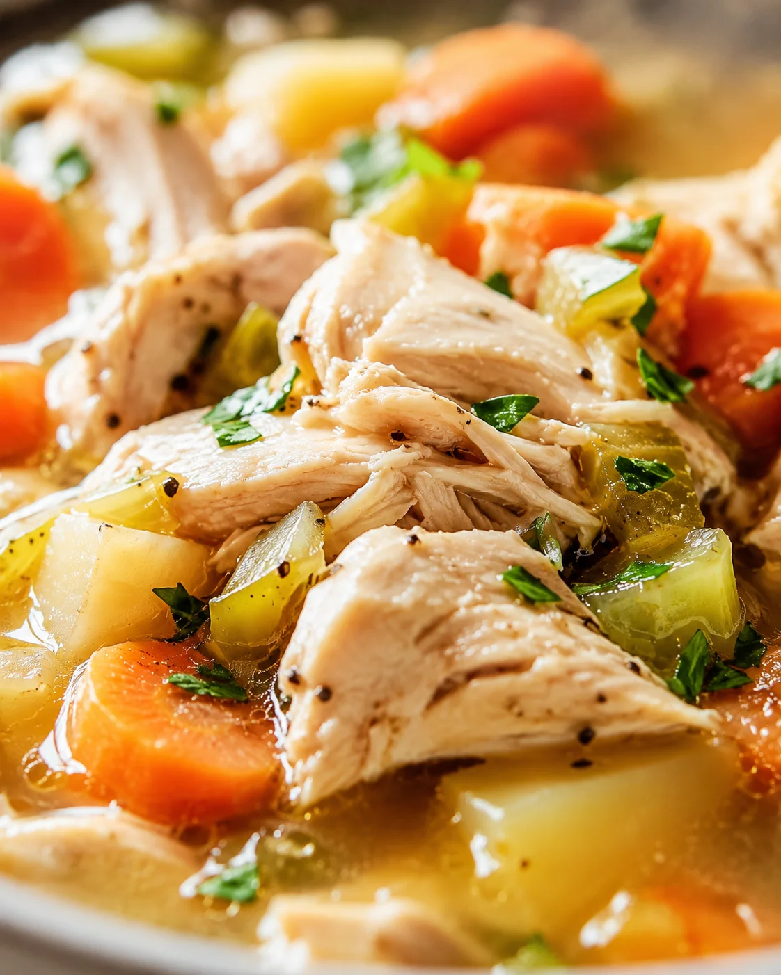 Close-up of shredded chicken with potatoes, carrots, celery in golden broth, garnished with parsley.