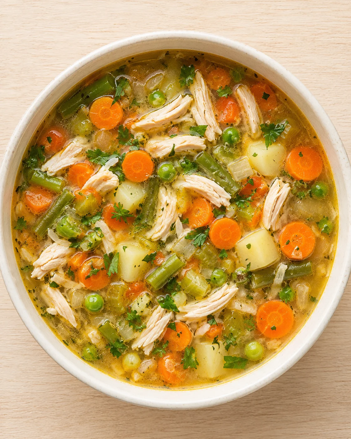 Top-down view of a bowl of chicken vegetable soup with shredded chicken, carrots, potatoes, green beans, peas, and parsley.