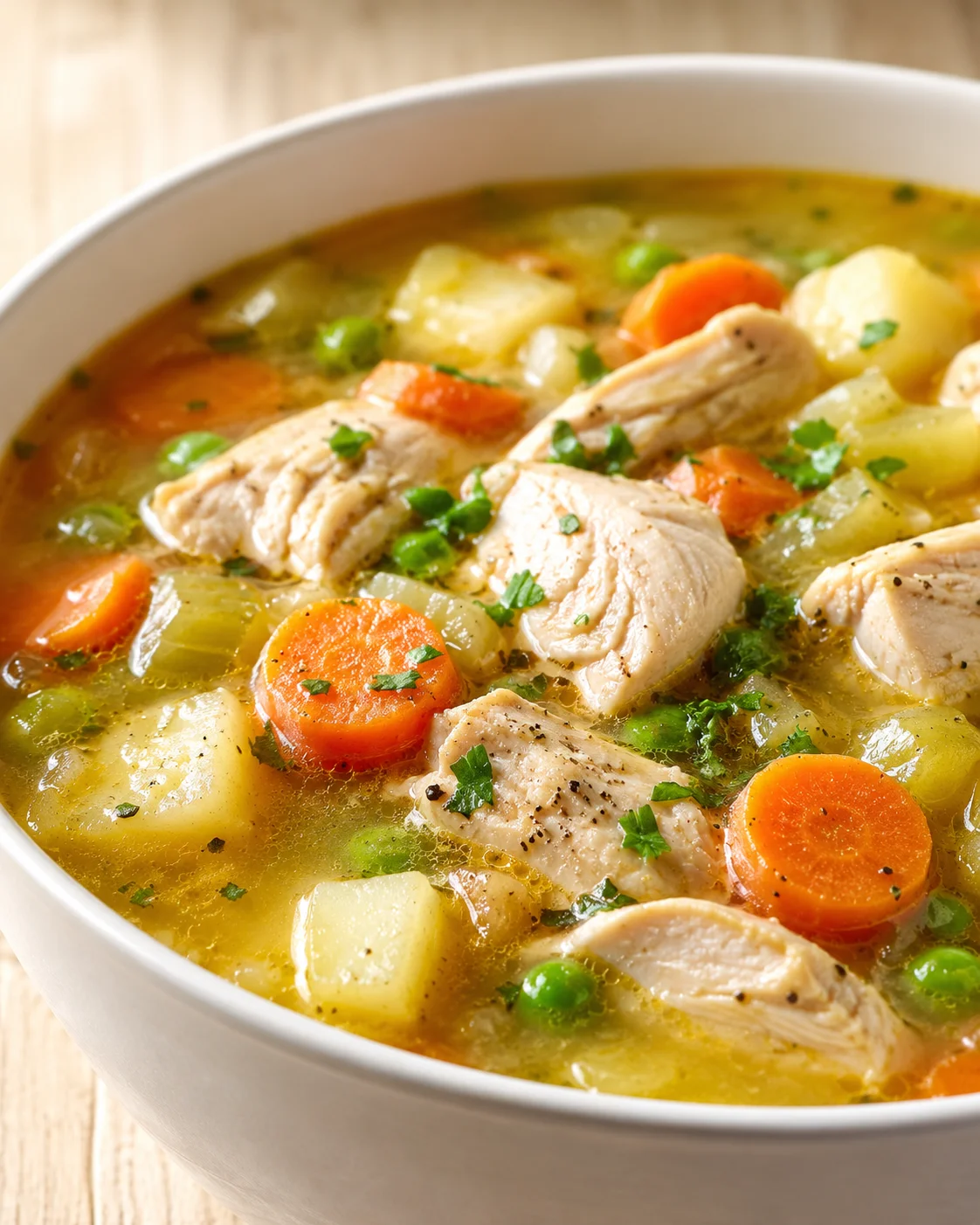 bowl of chicken vegetable soup with carrots, potatoes, peas, and parsley on a wooden table