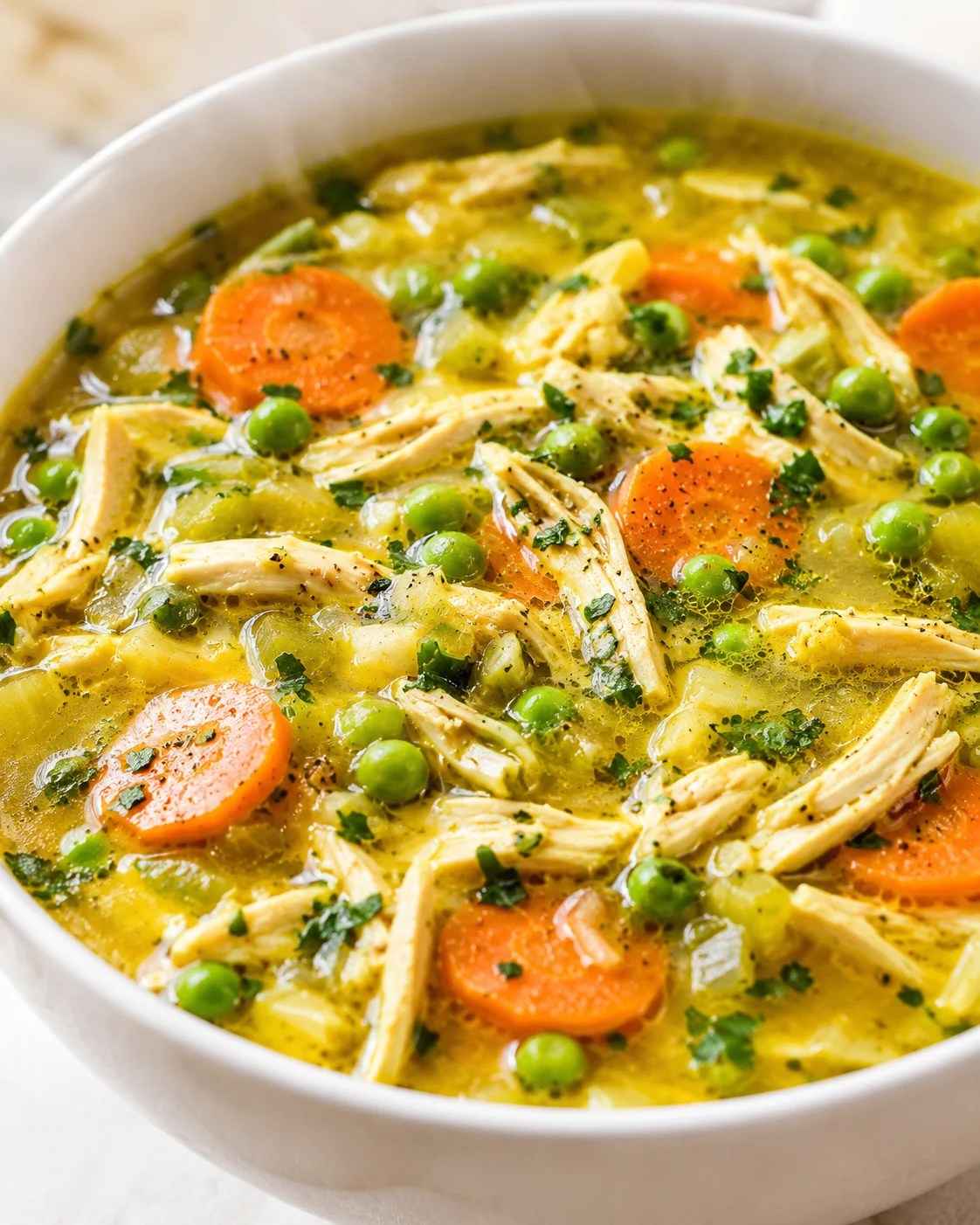 Creamy golden chicken soup with shredded chicken, carrot rounds, peas, and parsley in a white bowl.