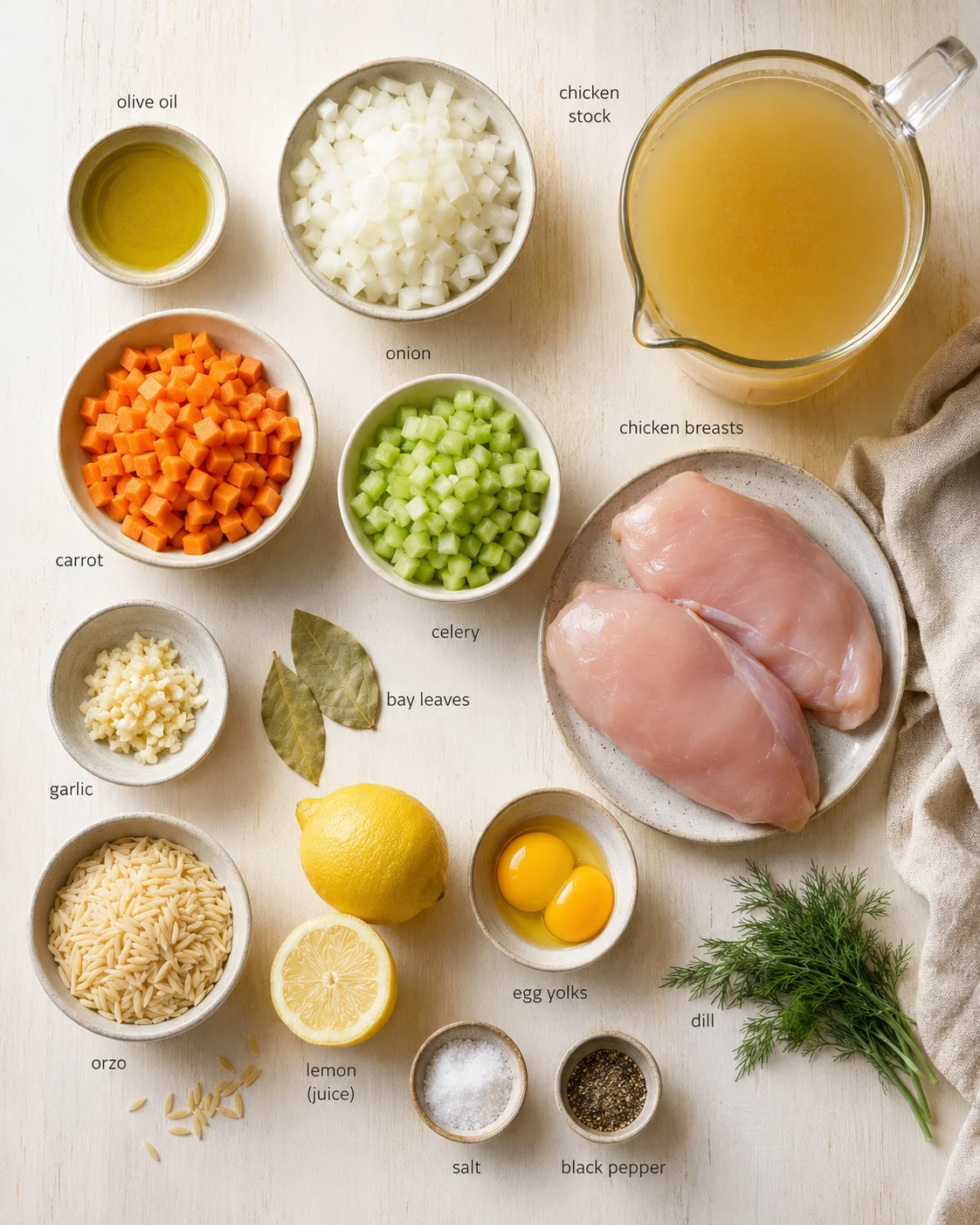 Overhead view of labeled ingredients for chicken-orzo: chicken breasts, vegetables, stock, lemon, orzo, herbs.