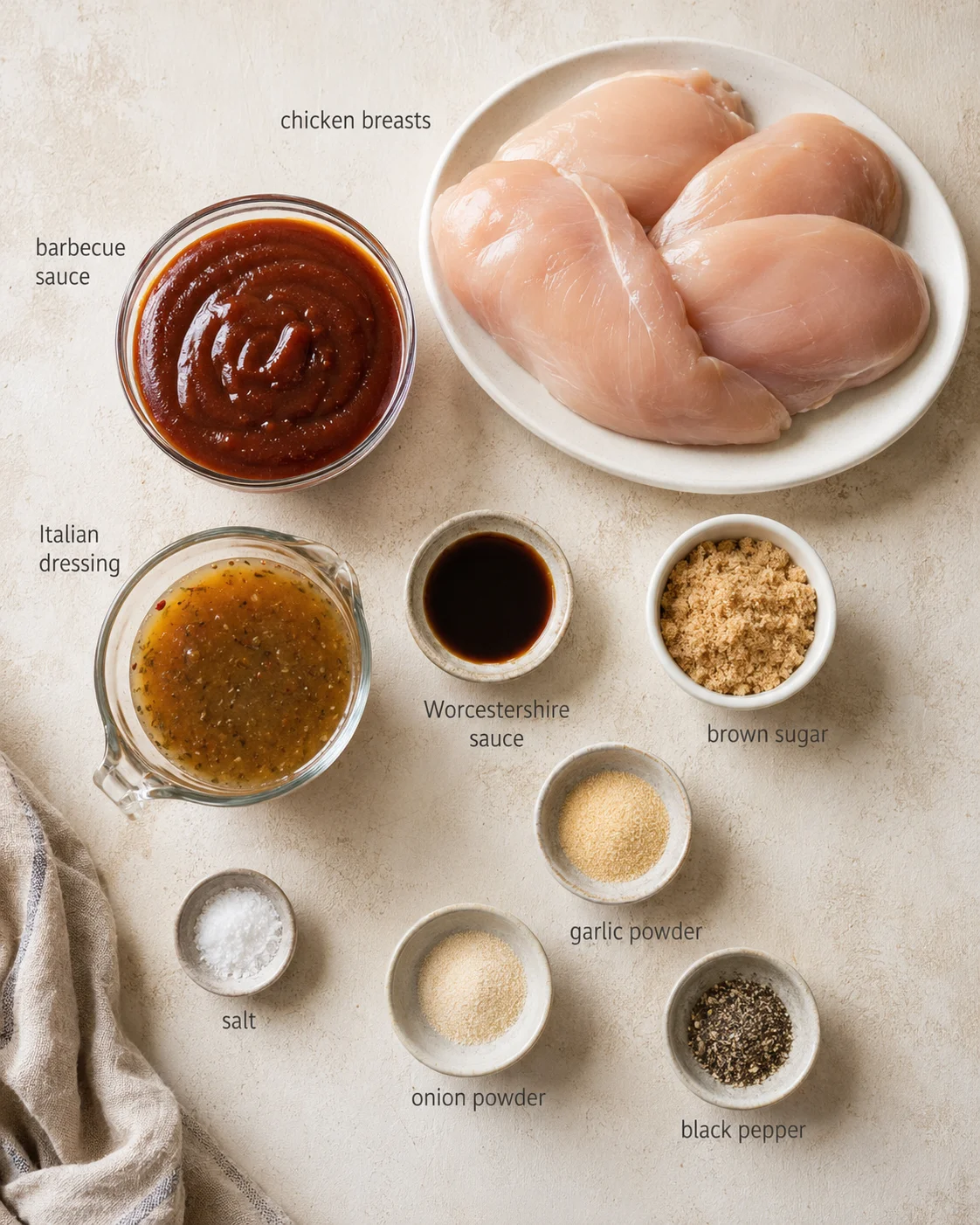 Overhead view of raw chicken breasts with sauces and seasoning ingredients on a beige surface