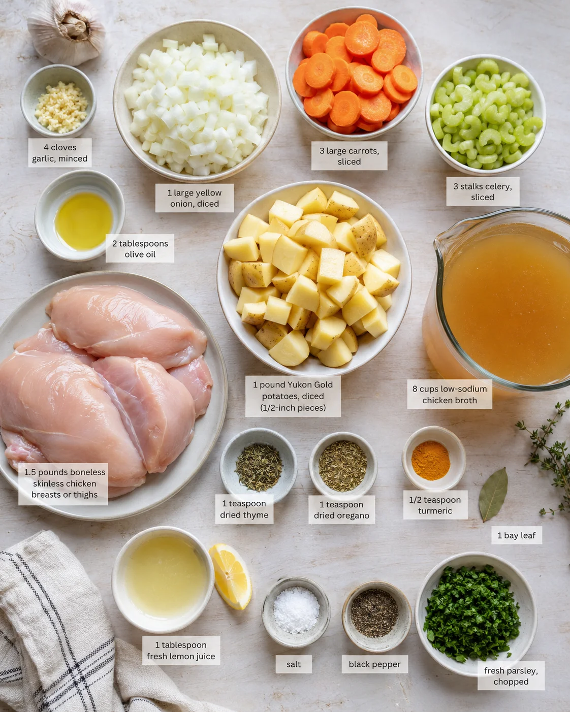 Overhead shot of chicken soup ingredients arranged in bowls with labeled captions.