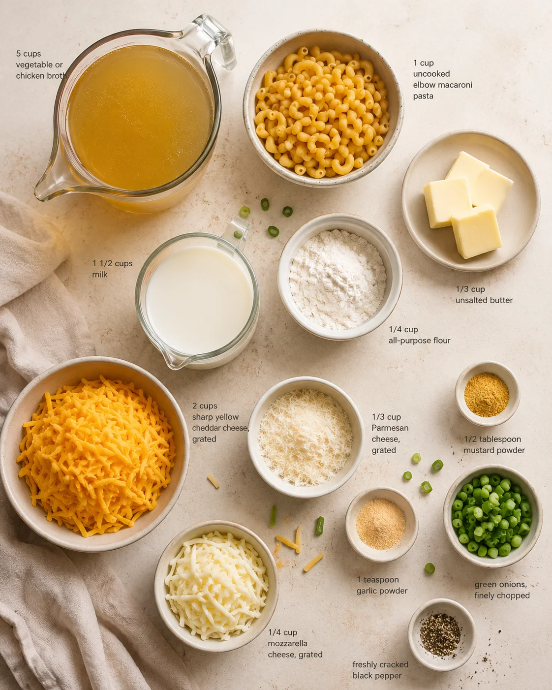 Overhead view of labeled ingredients for macaroni and cheese, arranged with cheese, dairy, pasta, and spices.