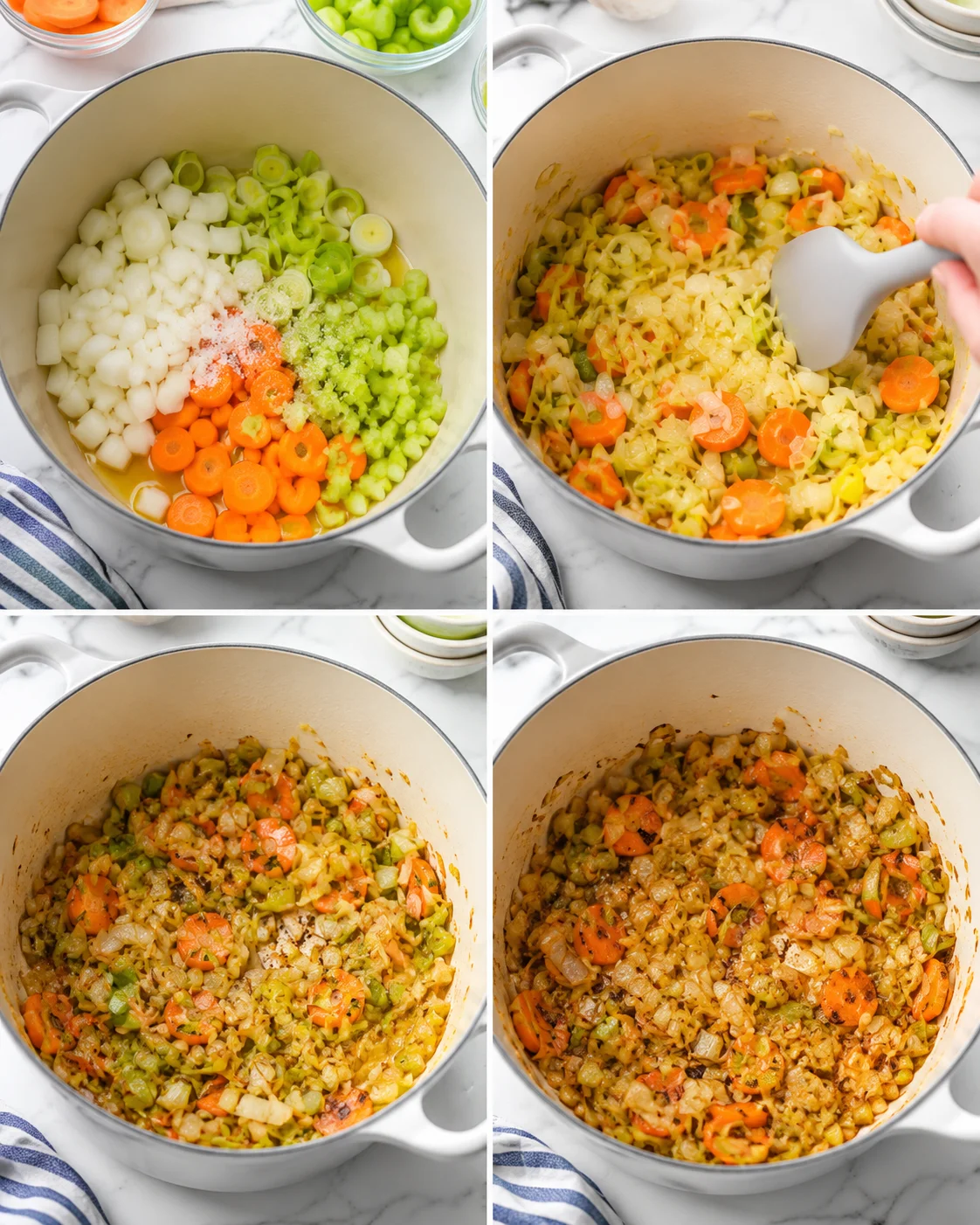 Four-panel collage showing onions, carrots, and celery sizzling in a pot, then softened and browned through successive steps.