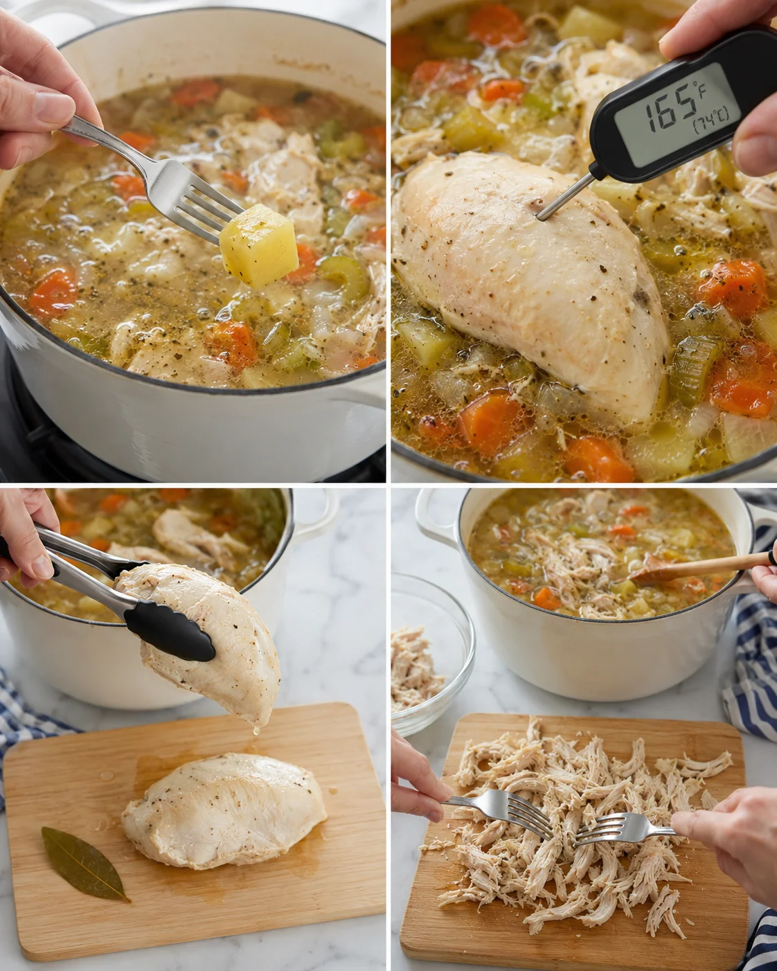 collage of soup in white pot, thermometer testing chicken, and shredded chicken on a cutting board