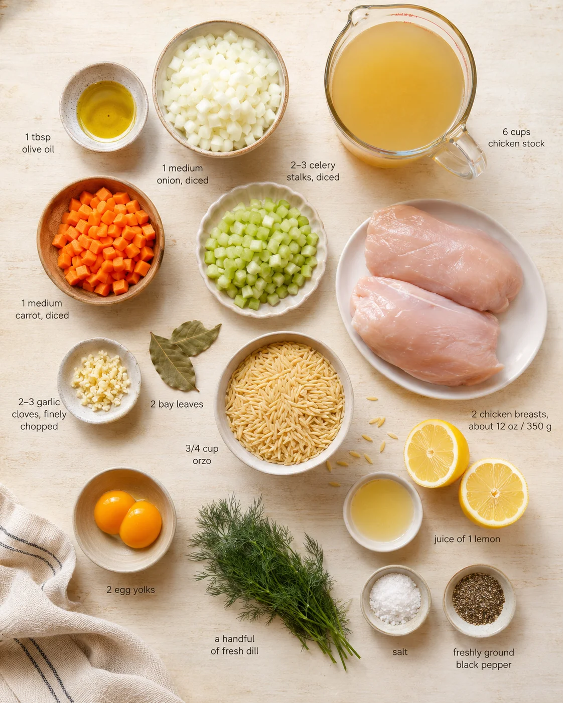top-down view of arranged ingredients for cooking, including chicken, vegetables, grains, and lemons.