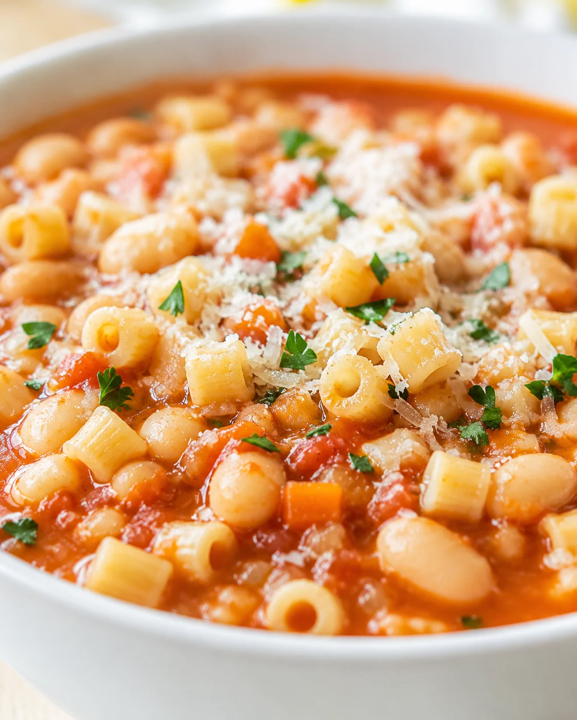 A white bowl of tomato-based pasta e fagioli soup with ditalini pasta, white beans, carrots, parsley, and parmesan.