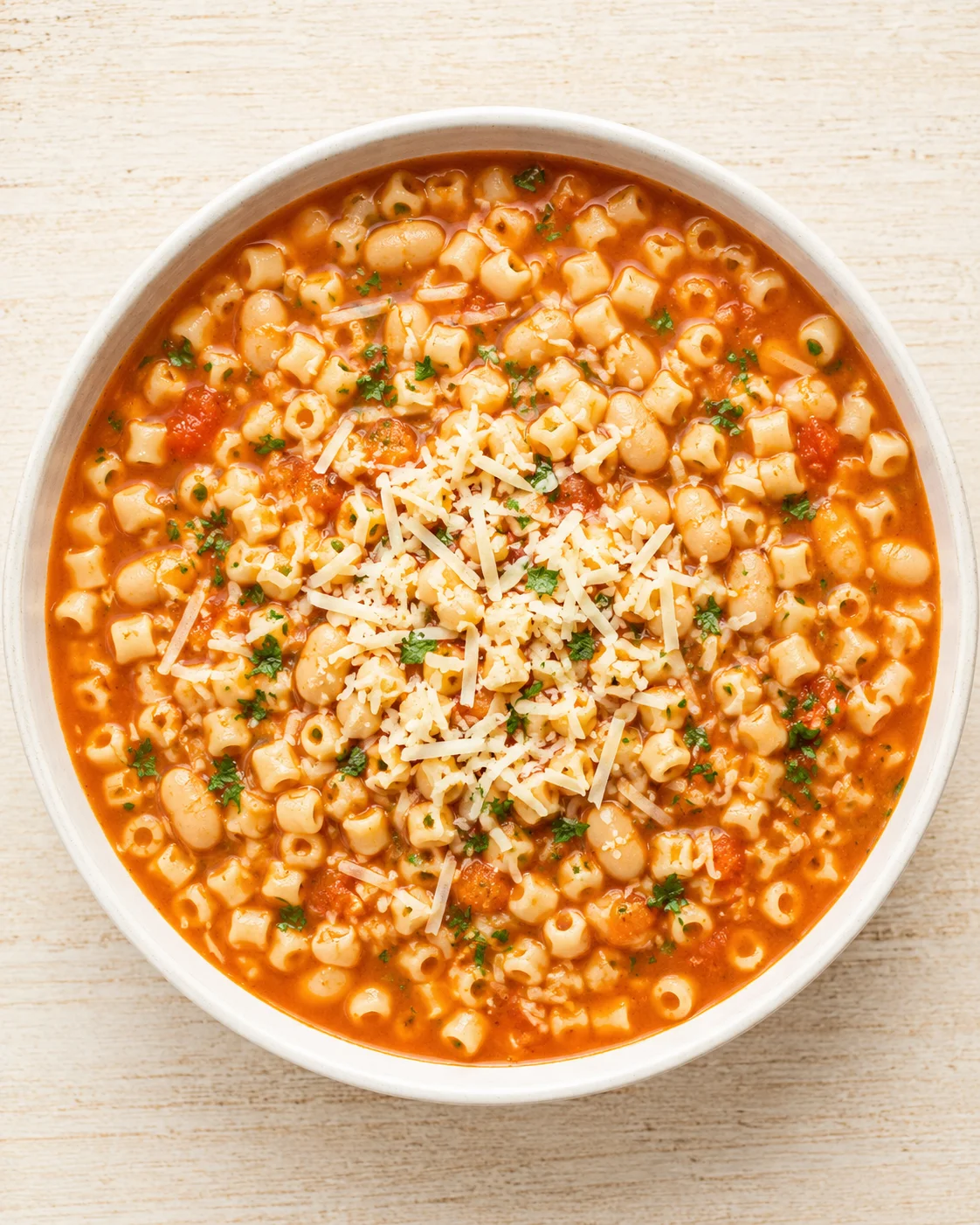 white bowl of tomato pasta e fagioli with ditalini, beans, cheese, and parsley on a light wood surface