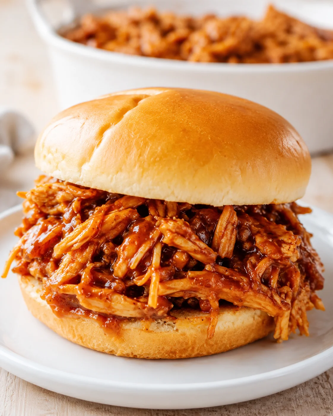 Golden brioche bun sandwich filled with glossy pulled-pork barbecue on a white plate