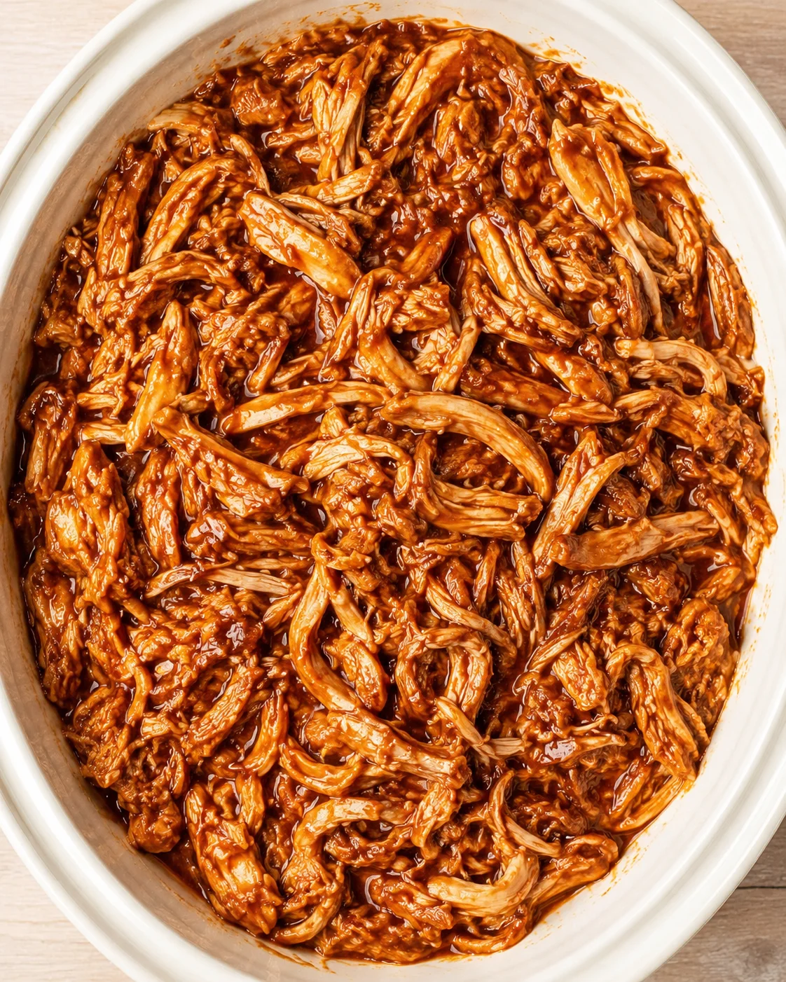 shredded barbecued pork in a white oval dish with glossy, reddish-brown sauce