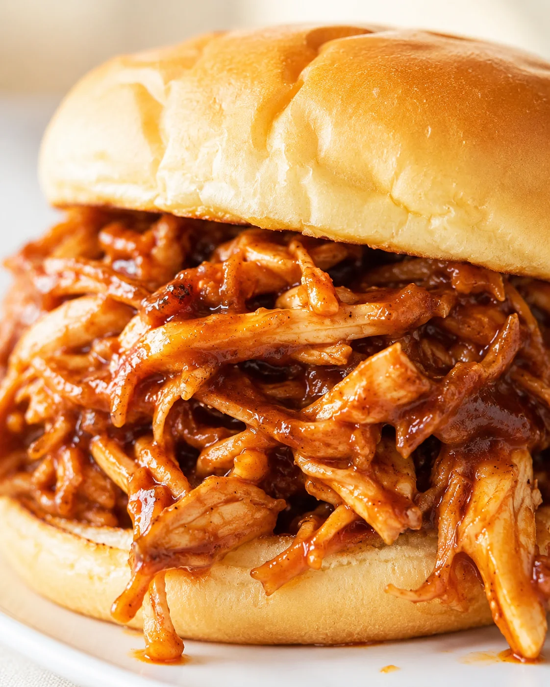 Close-up of a pulled-pork sandwich with glossy barbecue sauce oozing from a soft, golden bun.