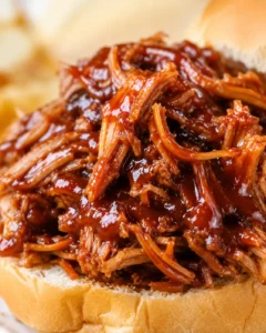 Close-up of glossy barbecue pulled pork piled on a soft sandwich bun.