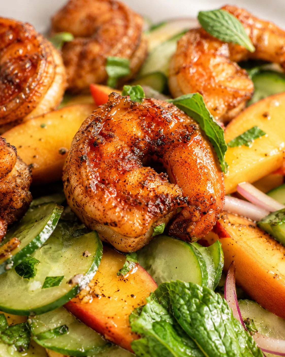 glossy seared shrimp on cucumber ribbons and peach slices, garnished with mint