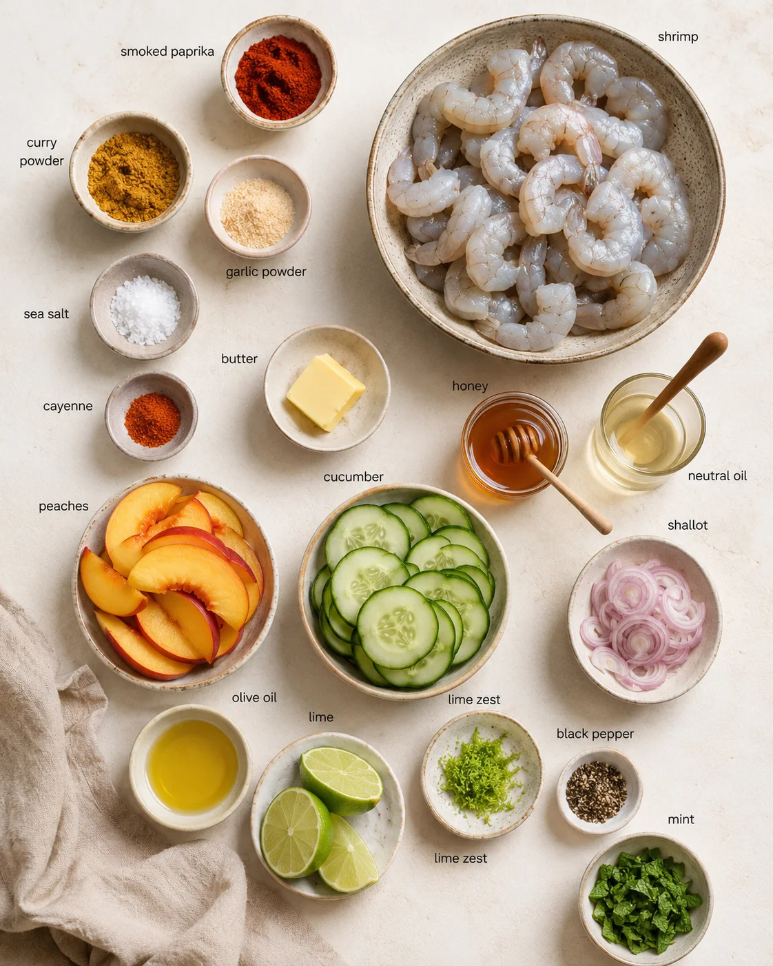 Overhead view of a shrimp ingredients flatlay with bowls of spices, peaches, cucumber, lime, and herbs.