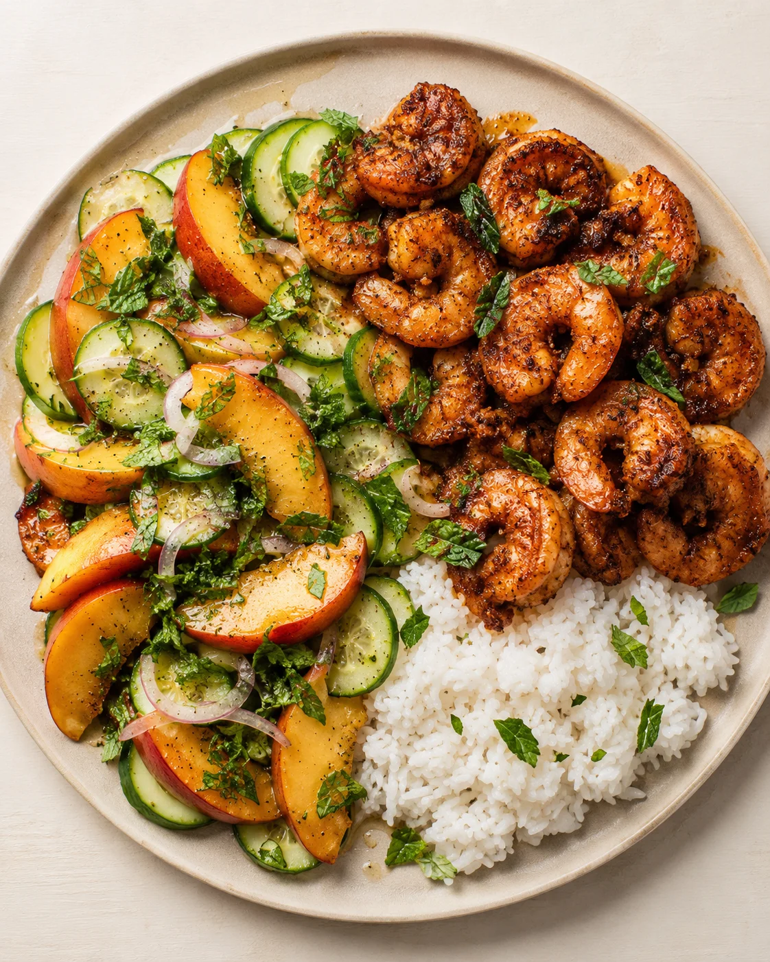 plated dish with glazed shrimp, peach and cucumber salad, herbs, and white rice