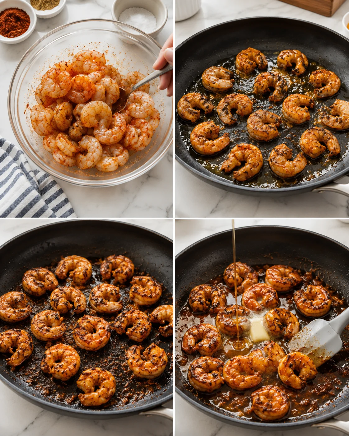 Collage showing marinated shrimp in a bowl, then sautéing and glazing in a skillet for a recipe.